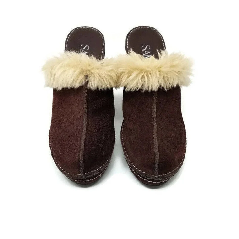 Sam & Libby SIBYLA Brown Winter Suede Fur Platform Clogs Mules Womens 6M - Picture 2 of 10